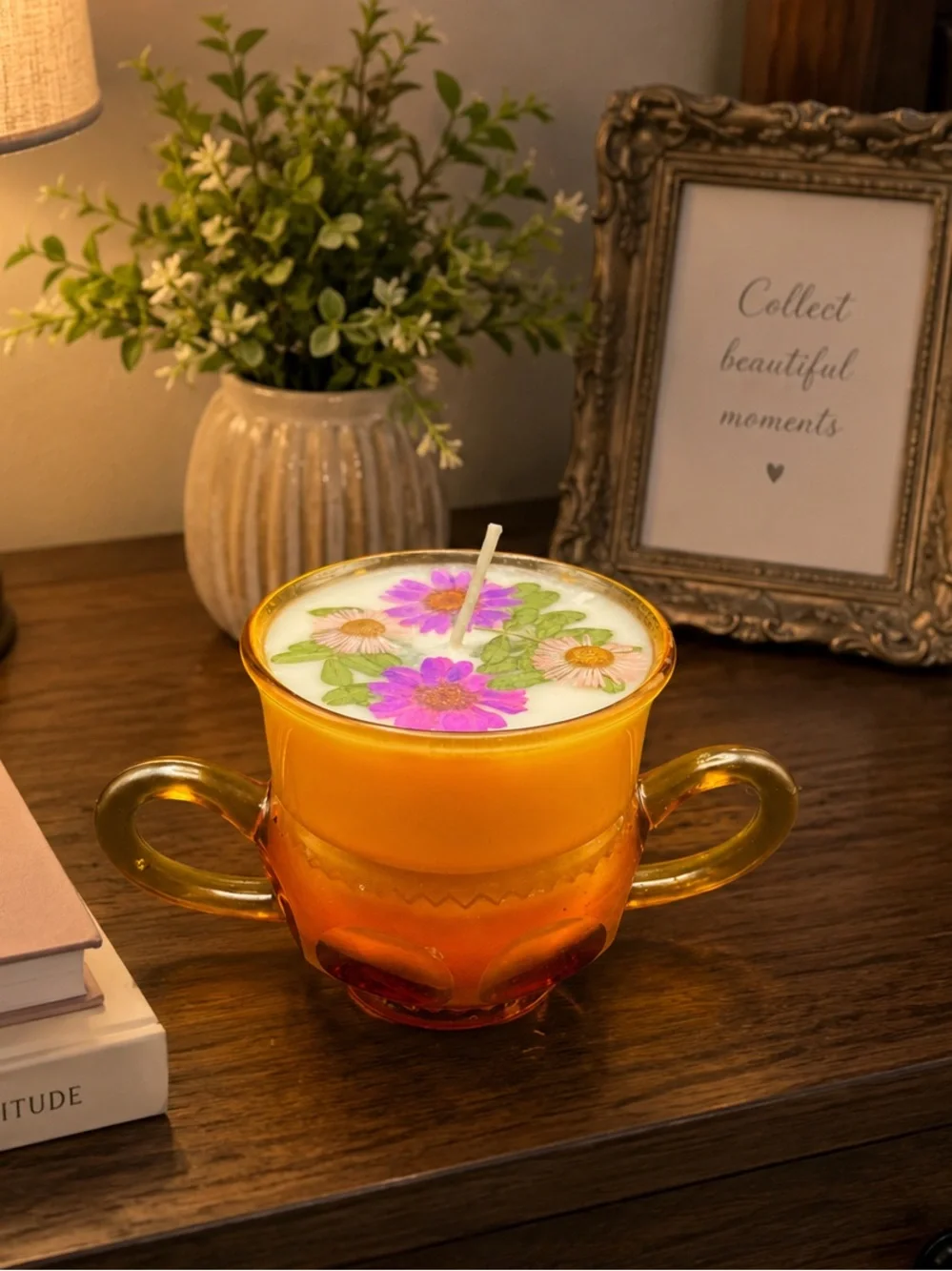 Orange Glass Double-Handled Floral Candle